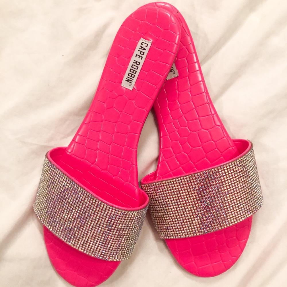 Hot Pink Flat Sandals with Rhinestones